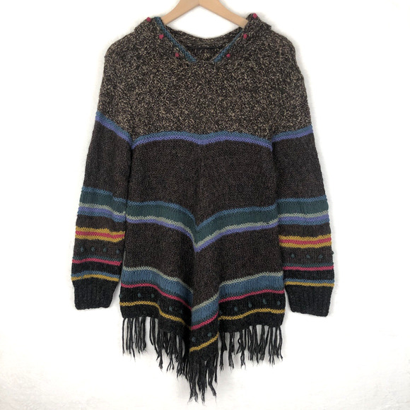 PERUVIAN CONNECTION Alpaca Wool Hoodie Sweater Women's M Pullover Tassels Fringe - Picture 1 of 9